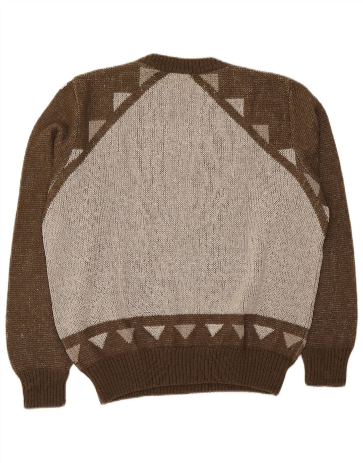 BRUNIK Mens Crew Neck Jumper Sweater Large Brown Geometric Acrylic