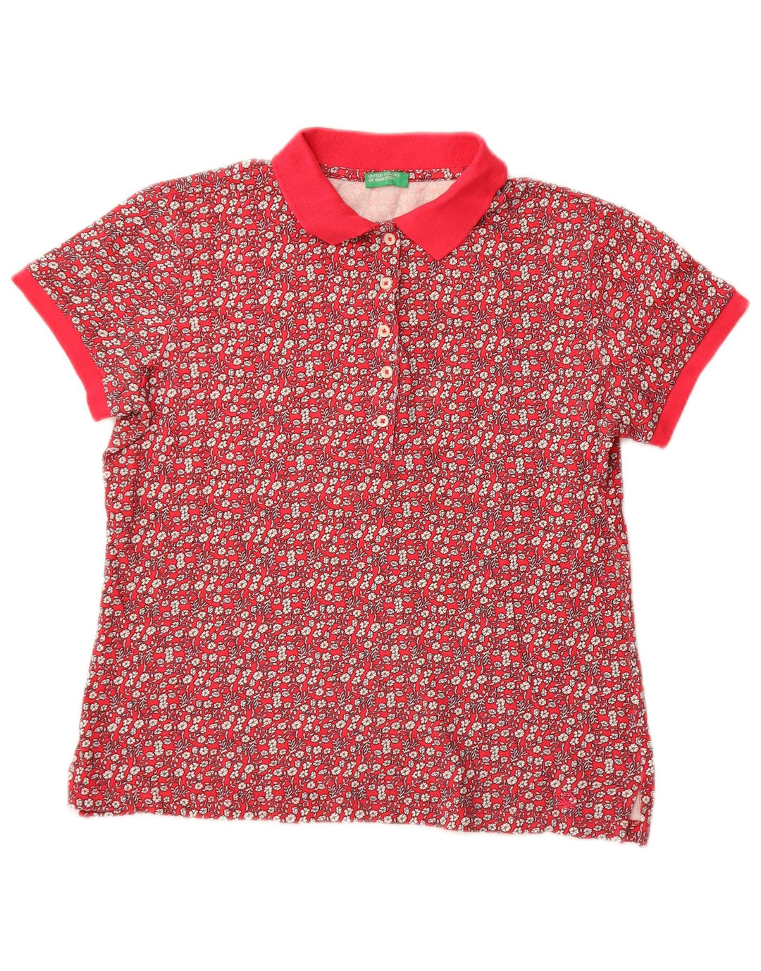 Camisa polo feminina Benetton UK 14 algodão floral rosa médio
