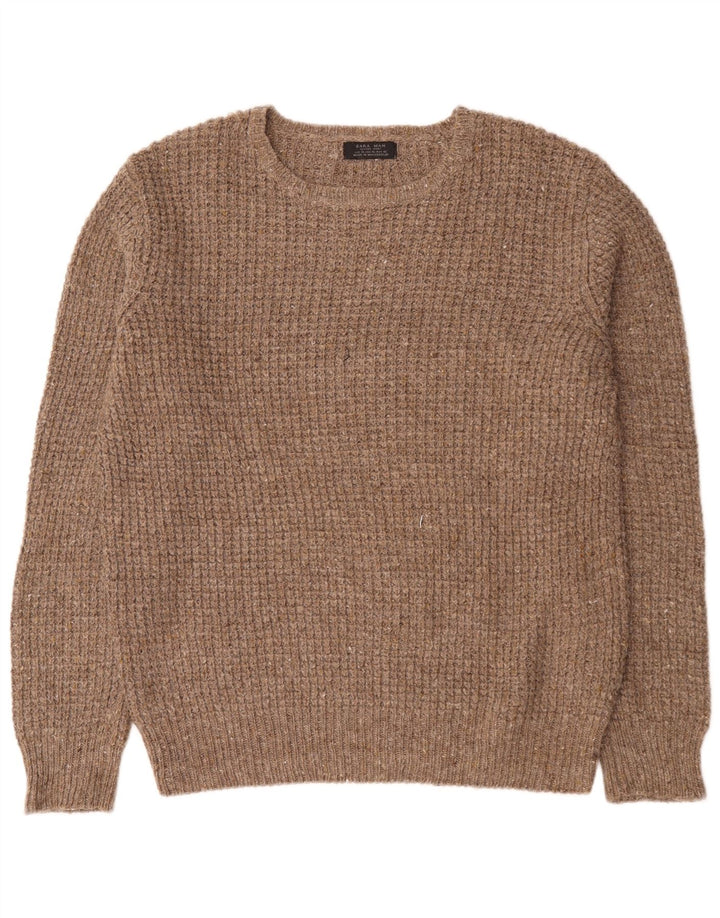 Zara Suéter masculino com gola redonda XL lã marrom