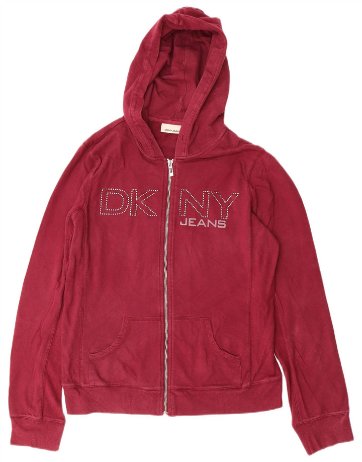 Suéter feminino DKNY com capuz e zíper gráfico Reino Unido 14 grande algodão borgonha