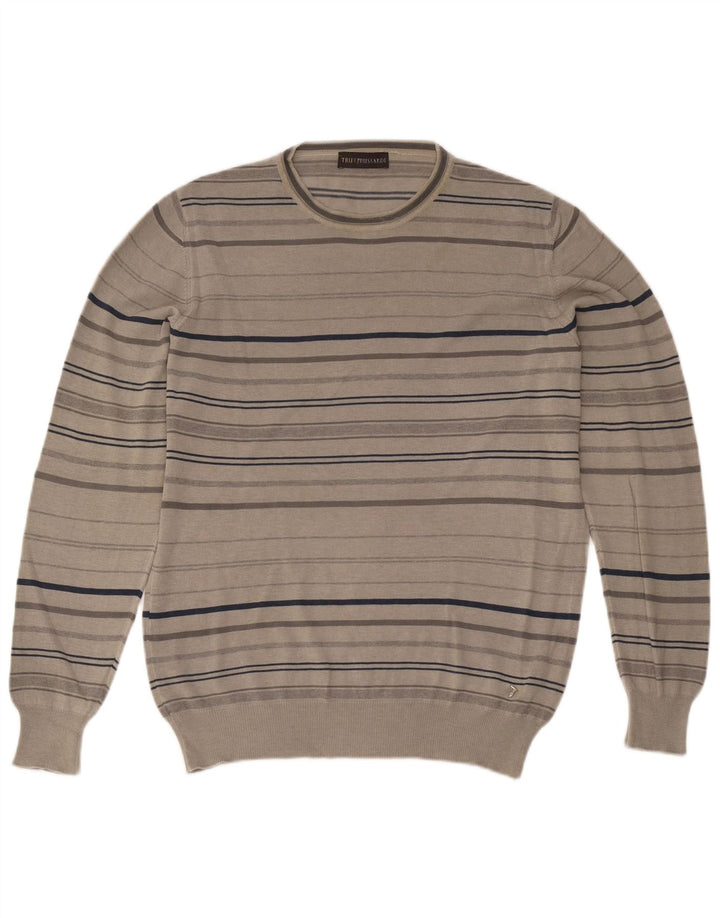 Trussardi Suéter masculino com gola redonda, grande algodão listrado cinza
