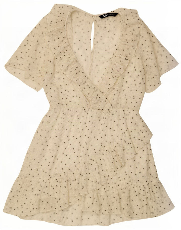 Vestido feminino Zara em camadas UK 12 médio off white poliéster manchado
