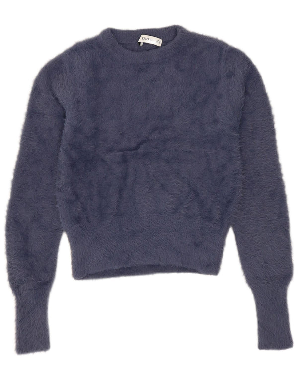 Zara Suéter feminino cropped com gola redonda Reino Unido 12 médio azul marinho nylon