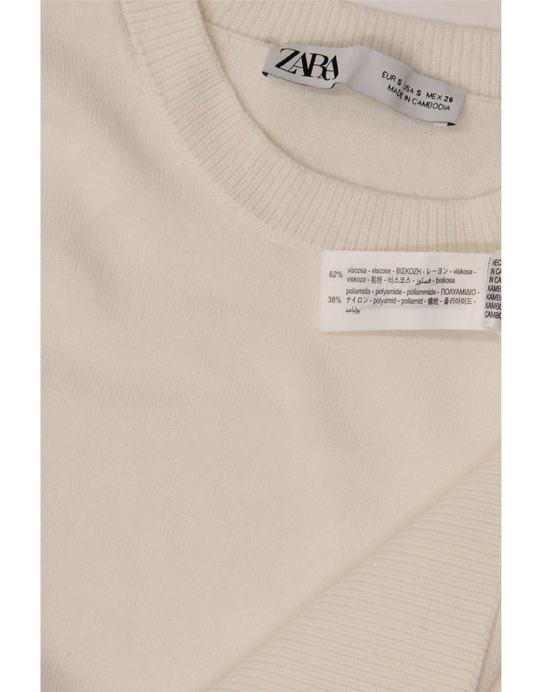 Suéter feminino Zara com gola redonda, Reino Unido 10, pequeno, viscose branca