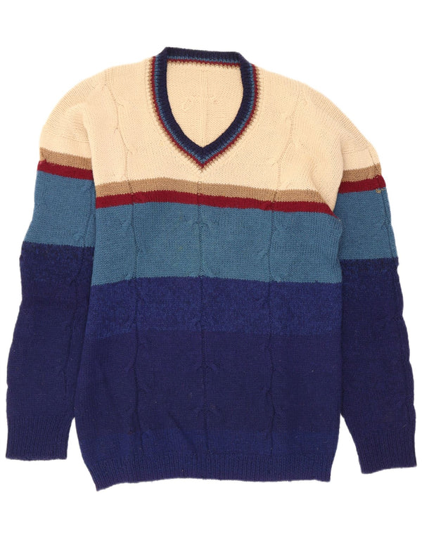 Suéter masculino vintage com decote em V pequeno listrado multicolorido