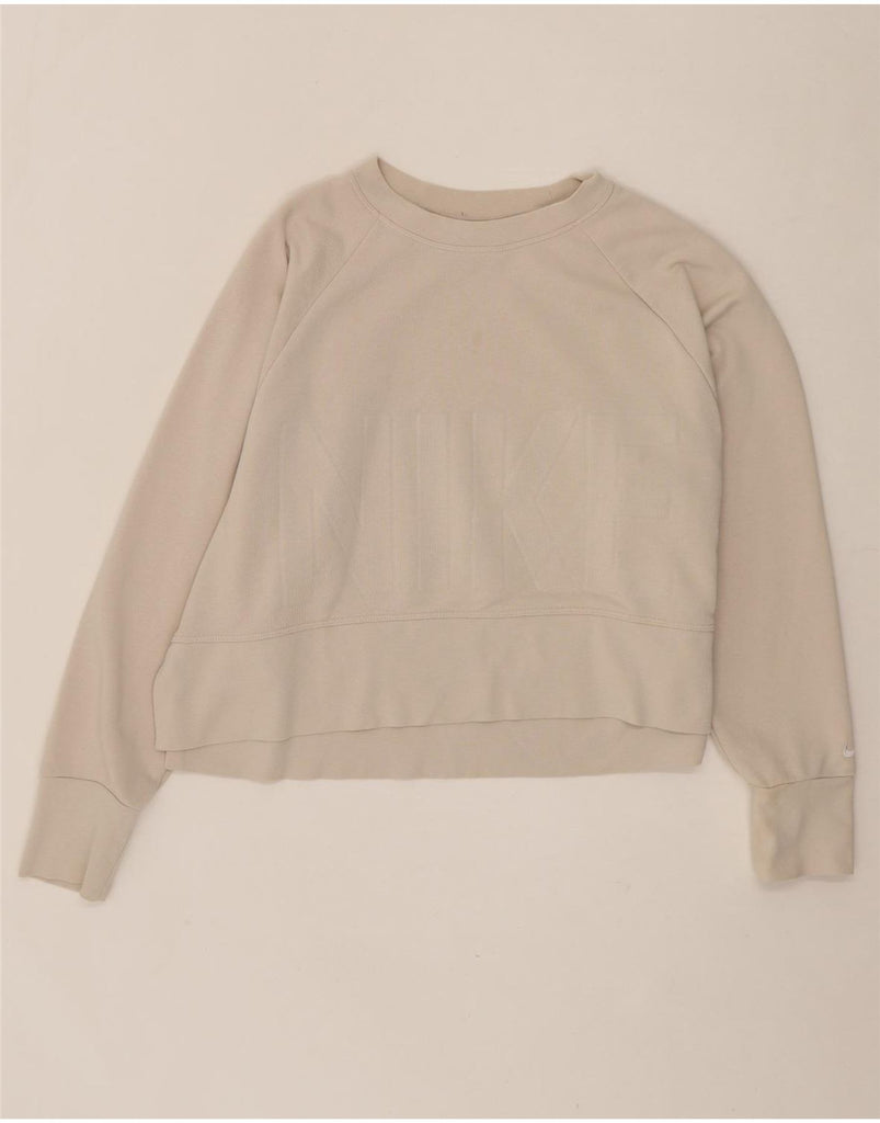 NIKE Womens Dri Fit Graphic Oversized Sweatshirt Jumper UK 14 Medium Beige Vintage Nike and Second-Hand Nike from Messina Hembry 