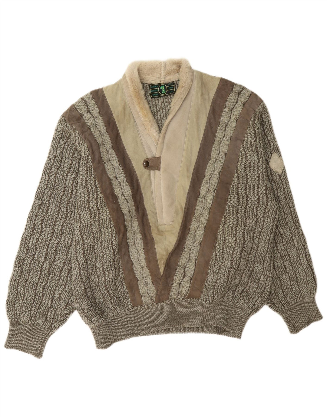 Suéter vintage masculino com gola xale e lã grande em bloco cinza