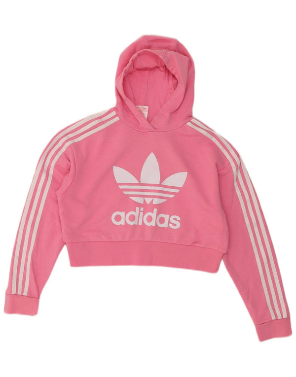 Adidas Womens Crop Graphic Oversized Hoodie Jumper UK 10 Small Pink Cotton