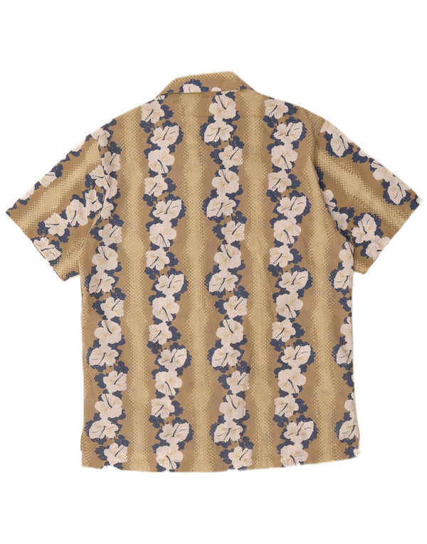Camisa masculina havaiana vintage de manga curta em poliéster floral bege médio