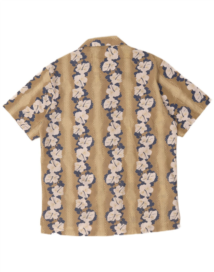 Camisa masculina havaiana vintage de manga curta em poliéster floral bege médio
