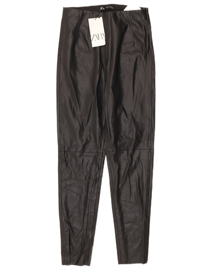 Zara Leggings femininas de couro sintético médio W28 L27 poliuretano preto