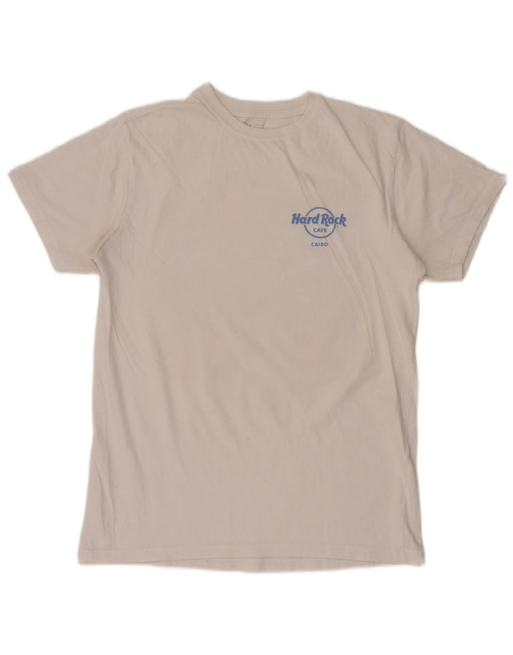 Camiseta masculina Hard Rock Cafe Cairo com estampa gráfica de algodão branco médio