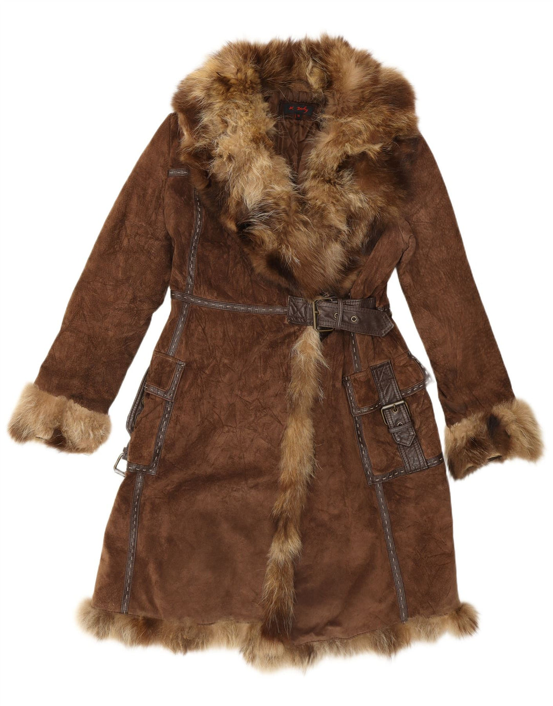 Sobretudo feminino de camurça Rene Derhy Reino Unido 14 couro marrom médio