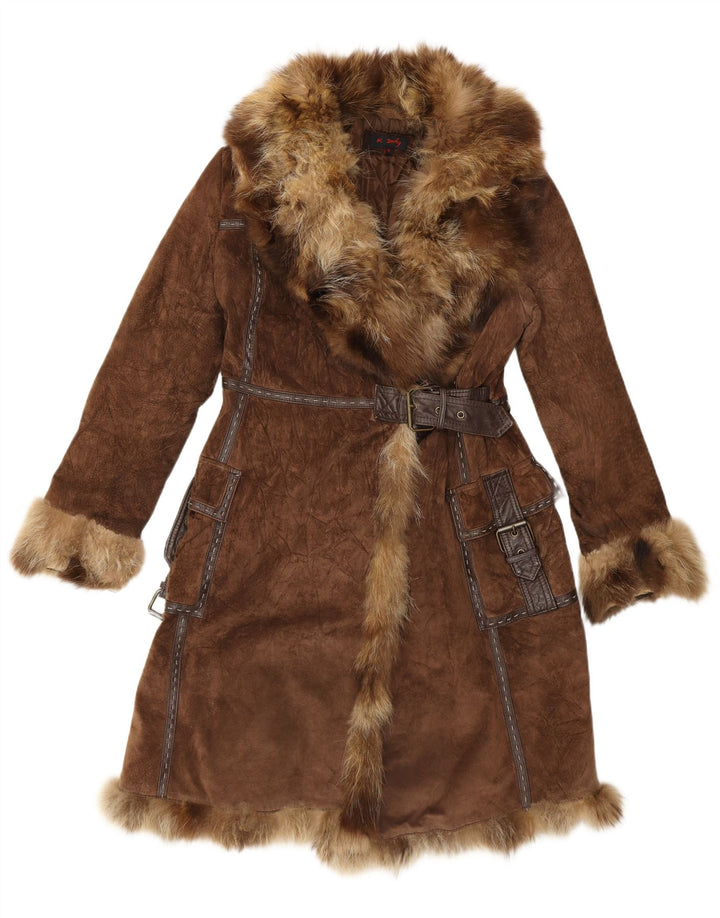 Sobretudo feminino de camurça Rene Derhy Reino Unido 14 couro marrom médio