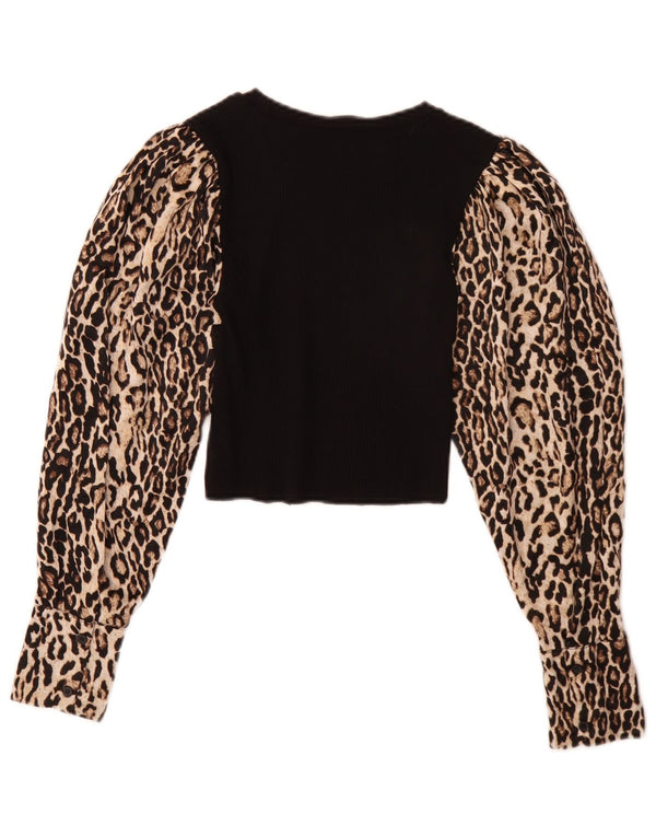 Zara Top feminino de manga comprida UK 8 pequeno preto com estampa animal poliéster