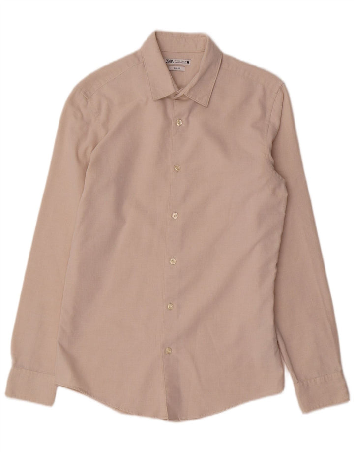 Camisa masculina ZARA Slim Fit pequena de algodão off white