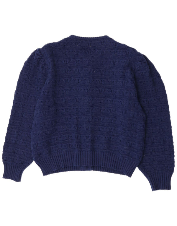 Suéter cardigã feminino vintage UE 50 3XL lã azul marinho