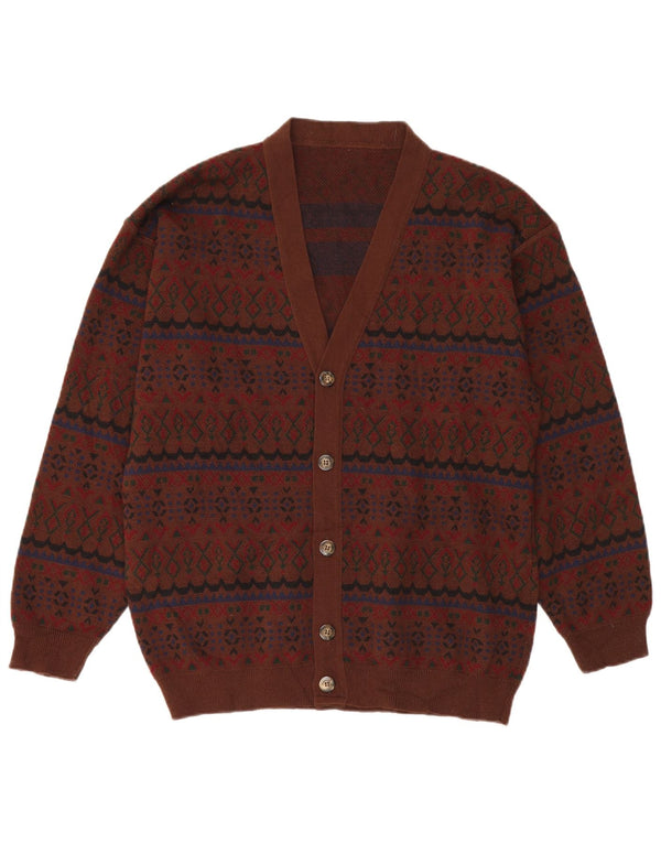 VINTAGE Mens Cardigan Sweater XL Brown Fair Isle Acrylic