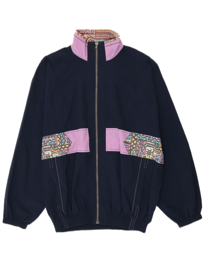 Fato de treino feminino vintage UK 10 pequeno azul marinho poliamida geométrica