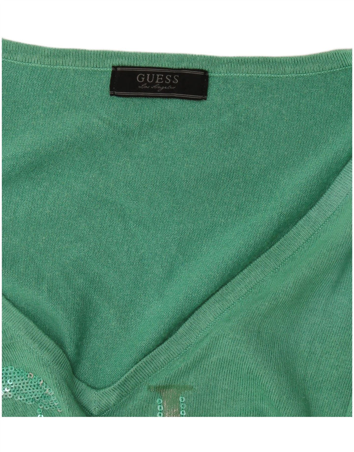 Guess Suéter feminino gráfico com decote em V Reino Unido 12 verde médio