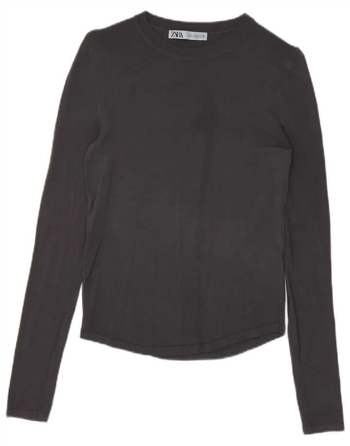 Top feminino Zara manga comprida UK 10 viscose cinza pequena