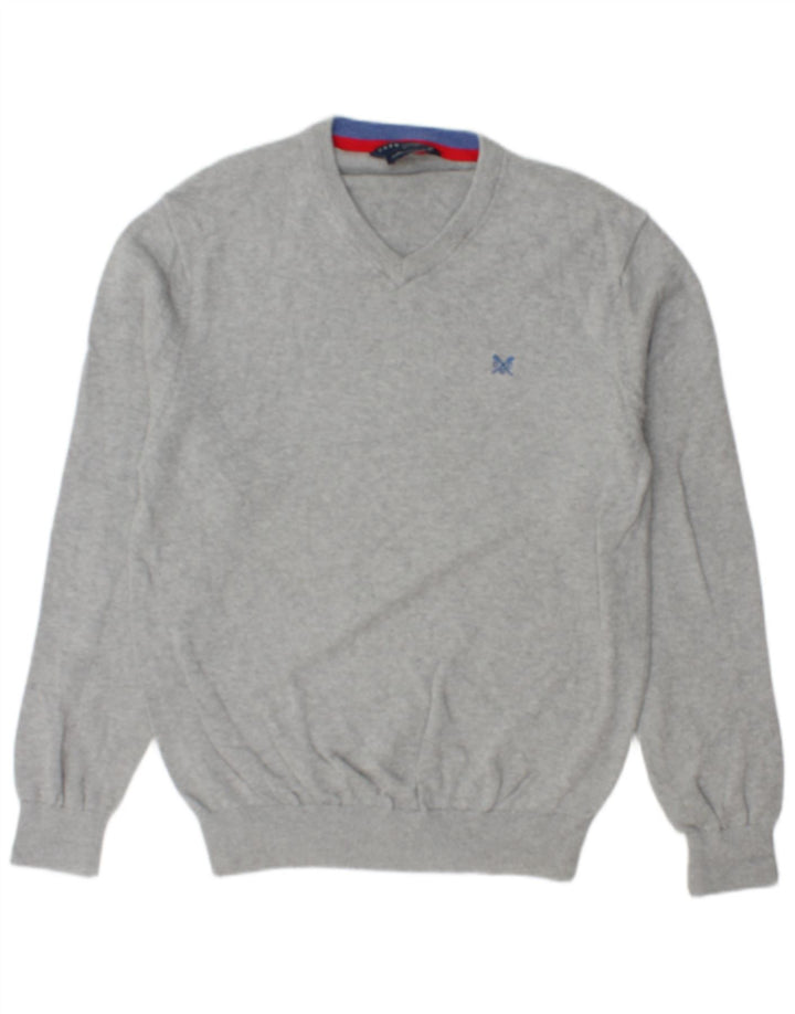 CREW CLOTHING Suéter masculino com decote em V, algodão manchado cinza médio