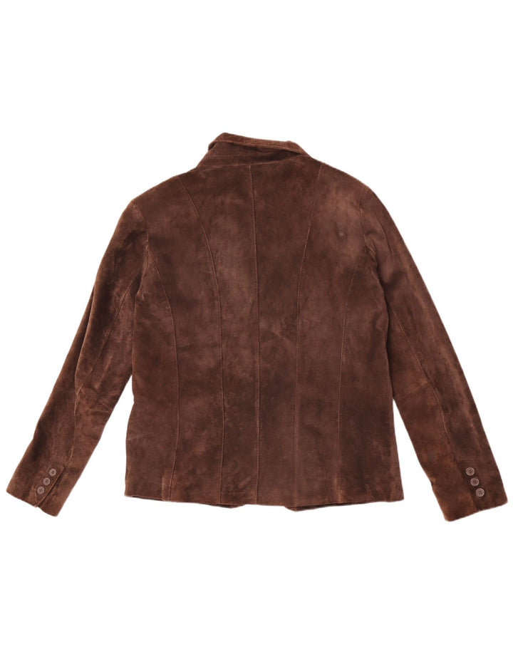 Jaqueta blazer feminina vintage de camurça com 3 botões Reino Unido 40 couro marrom grande