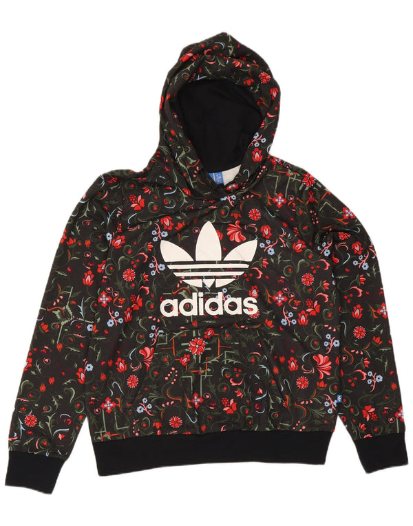 Adidas feminino gráfico moletom com capuz UK 16 grande preto floral poliéster
