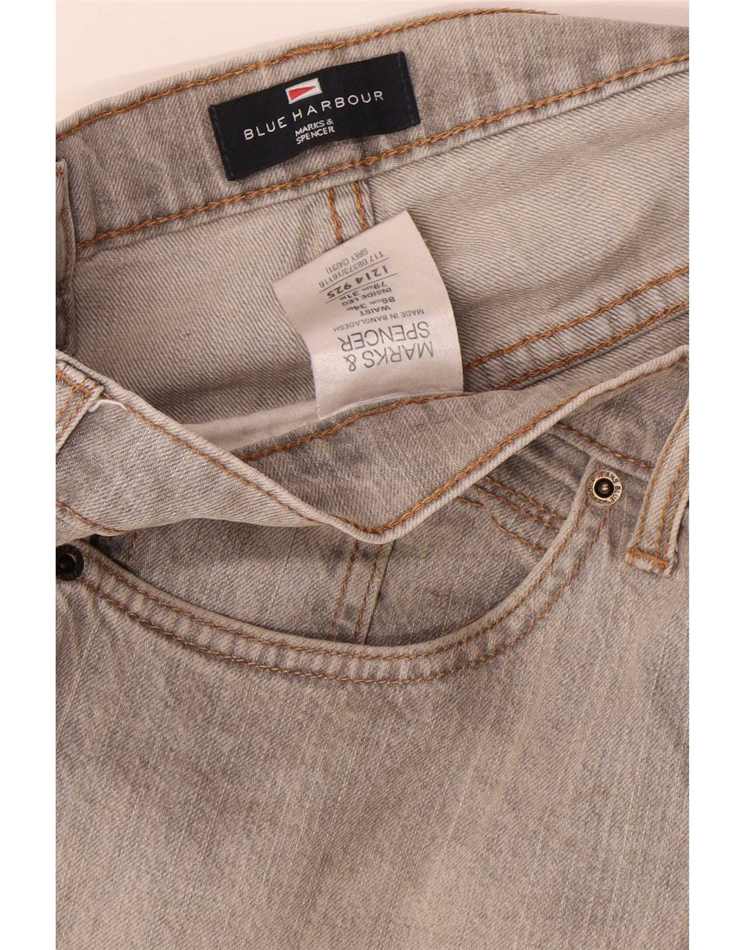 Calça jeans reta masculina Marks & Spencer Blue Harbor W34 L31 algodão cinza