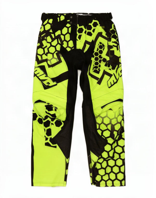 Calça masculina vintage gráfica Moto Racer W36 L30 verde colorblock