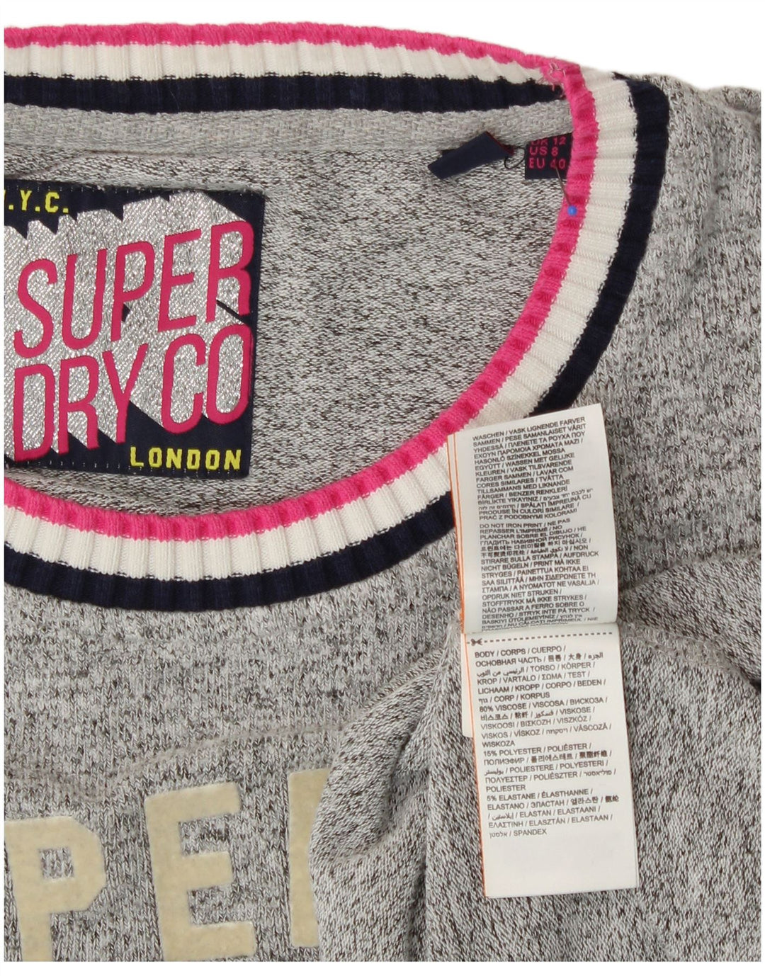 SUPERDRY moletom gráfico feminino jumper UK 12 viscose cinza médio
