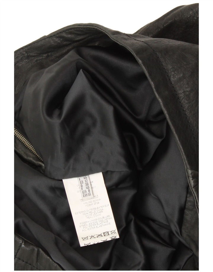 Saia feminina de couro VINTAGE Reino Unido 12 médio W30 couro preto patchwork