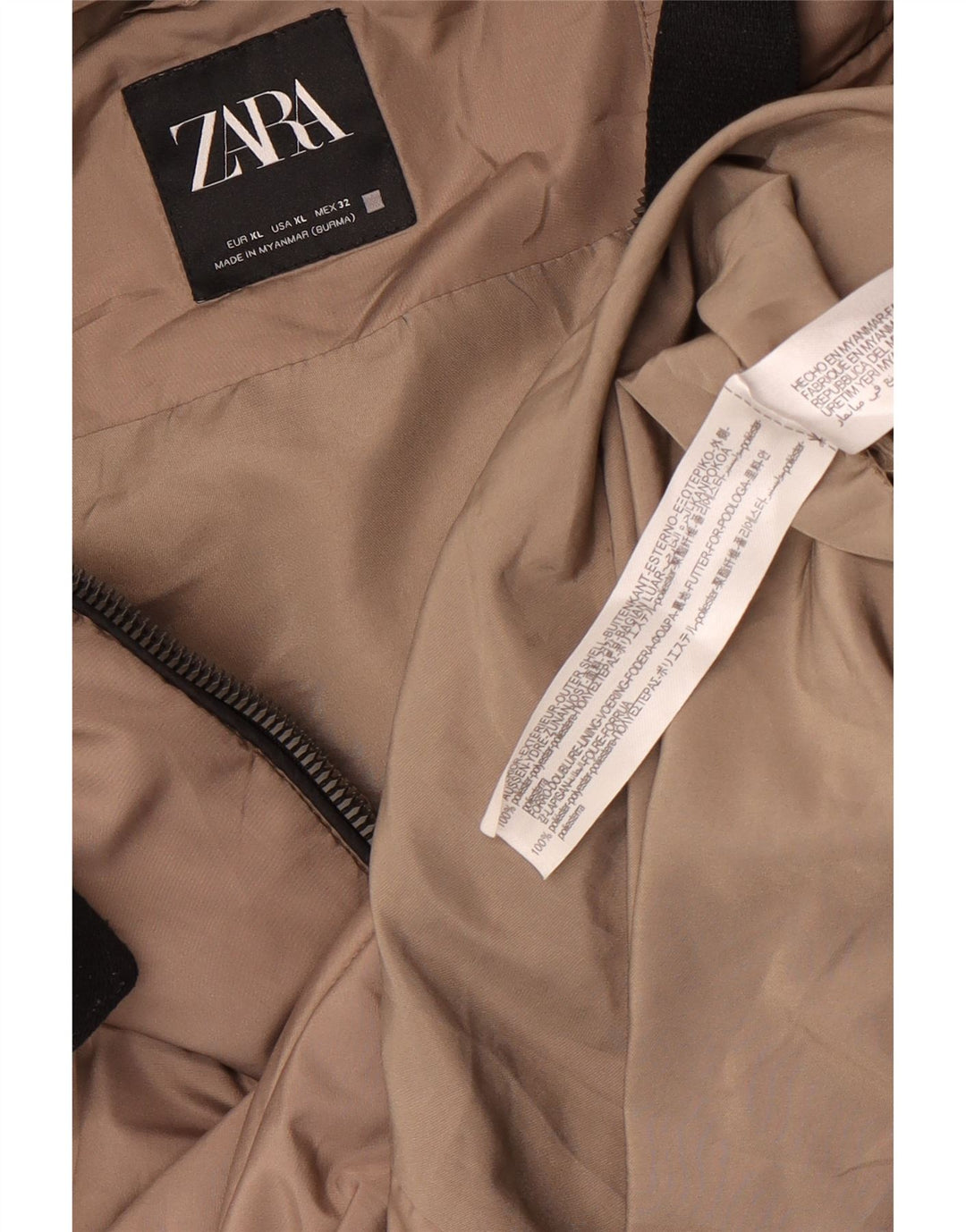 Casaco acolchoado com capuz grande Zara feminino UK 18 XL marrom poliéster