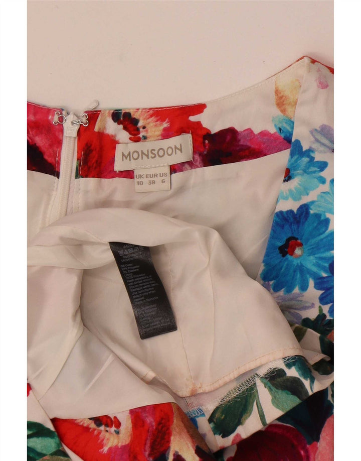 Vestido bainha feminino Monsoon UK 10 pequeno poliéster floral branco