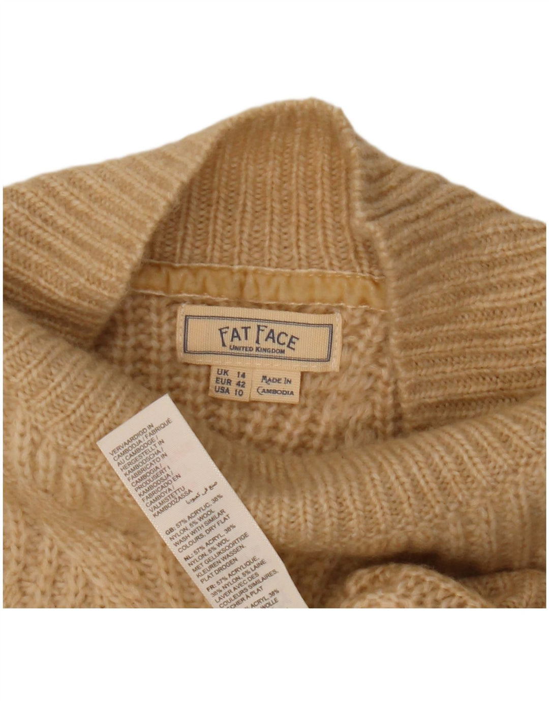 Suéter feminino Fat Face com gola tartaruga Reino Unido 14 grande bege argyle/diamante