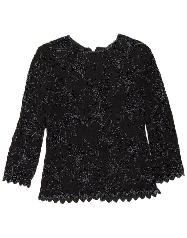 Blusa feminina vintage manga comprida regular UK 8 pequena seda floral preta