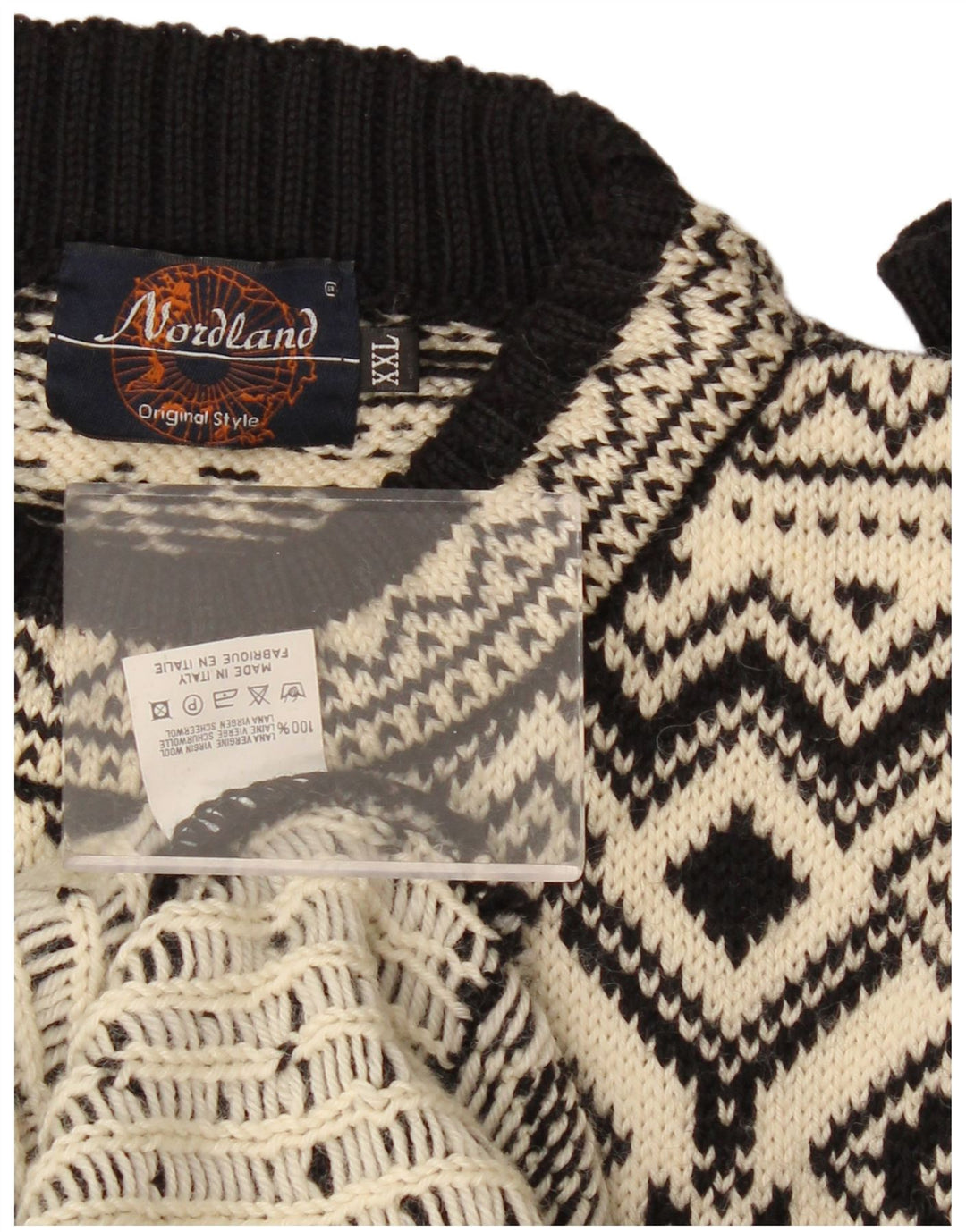 Suéter vintage masculino com gola redonda 2XL preto Fair Isle Virgin Wool
