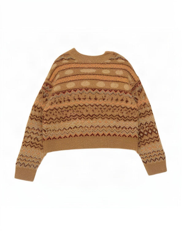 Suéter feminino Zara com decote em V e gola V Reino Unido 14 médio bege Fair Isle