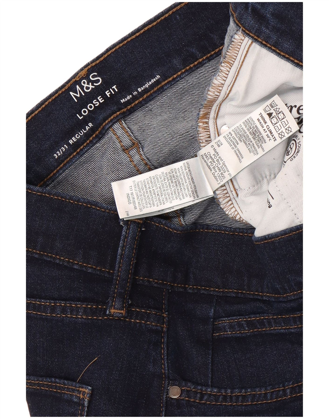 Marks & Spencer Calça jeans masculina solta W32 L27 algodão azul marinho