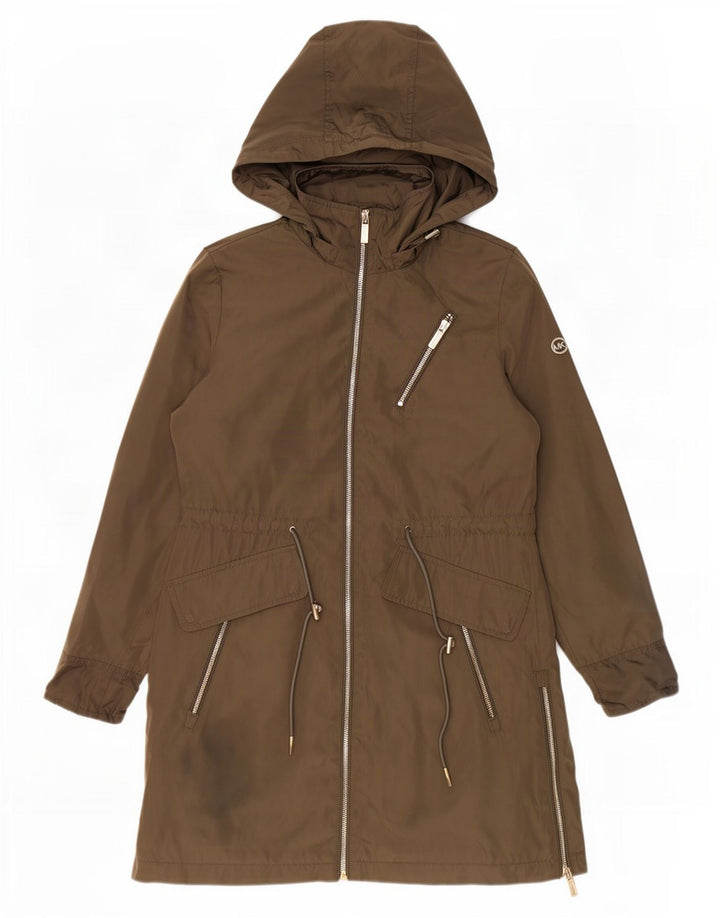 Jaqueta parka feminina com capuz gráfico grande Michael Kors Reino Unido 10 pequena cáqui
