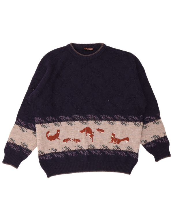 Suéter vintage masculino com gola redonda e gola redonda XL roxo em bloco de lã