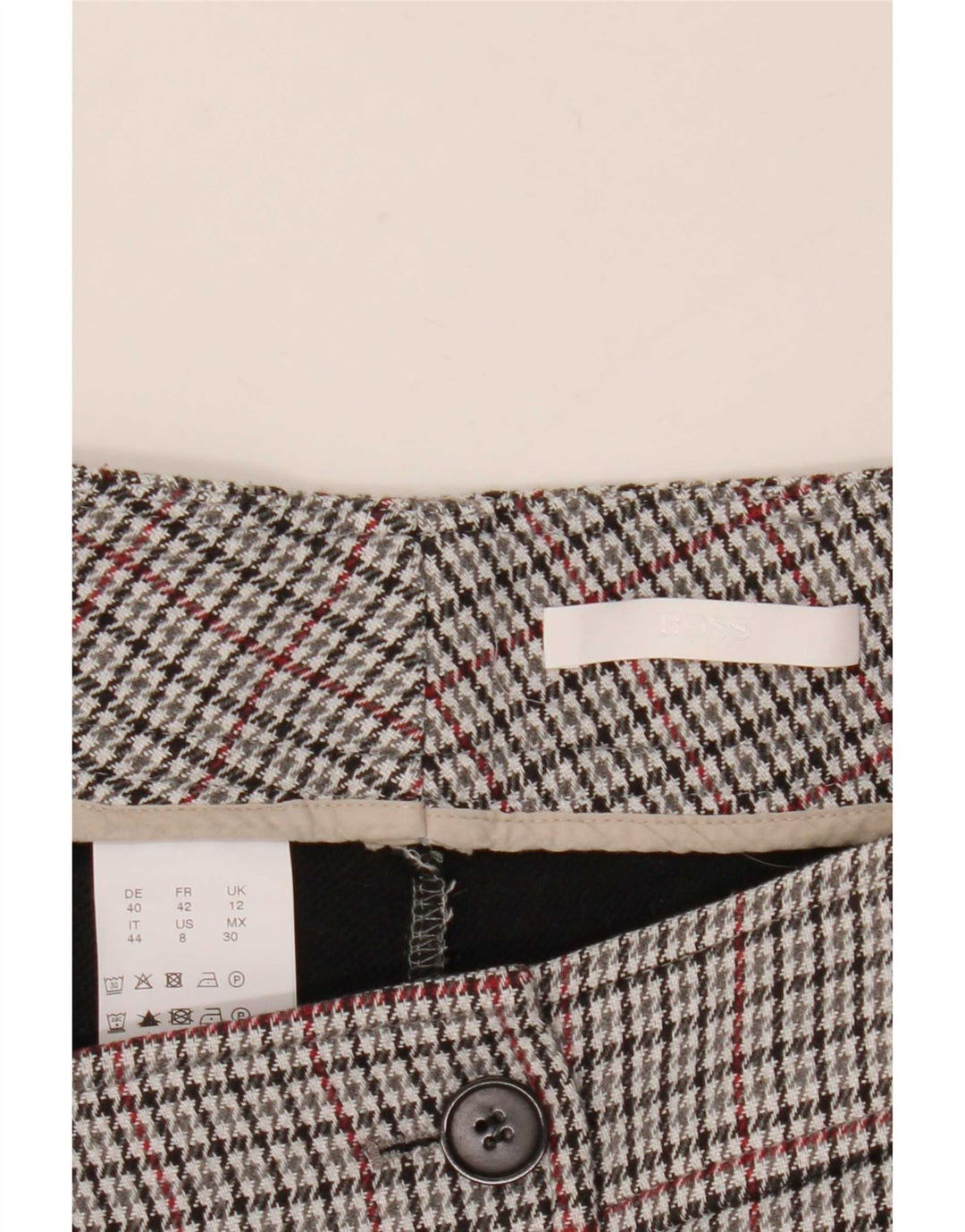 Calça feminina Hugo Boss UK 12 médio W32 L27 cinza houndstooth