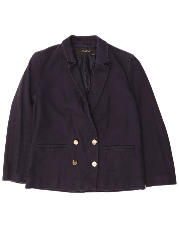 Jaqueta blazer feminina ZARA com peito duplo Reino Unido 10 pequeno algodão azul marinho