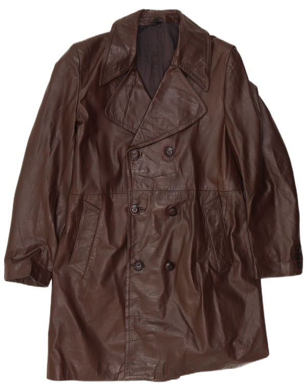 Casaco de couro vintage masculino com peito duplo Reino Unido 36 pequeno marrom