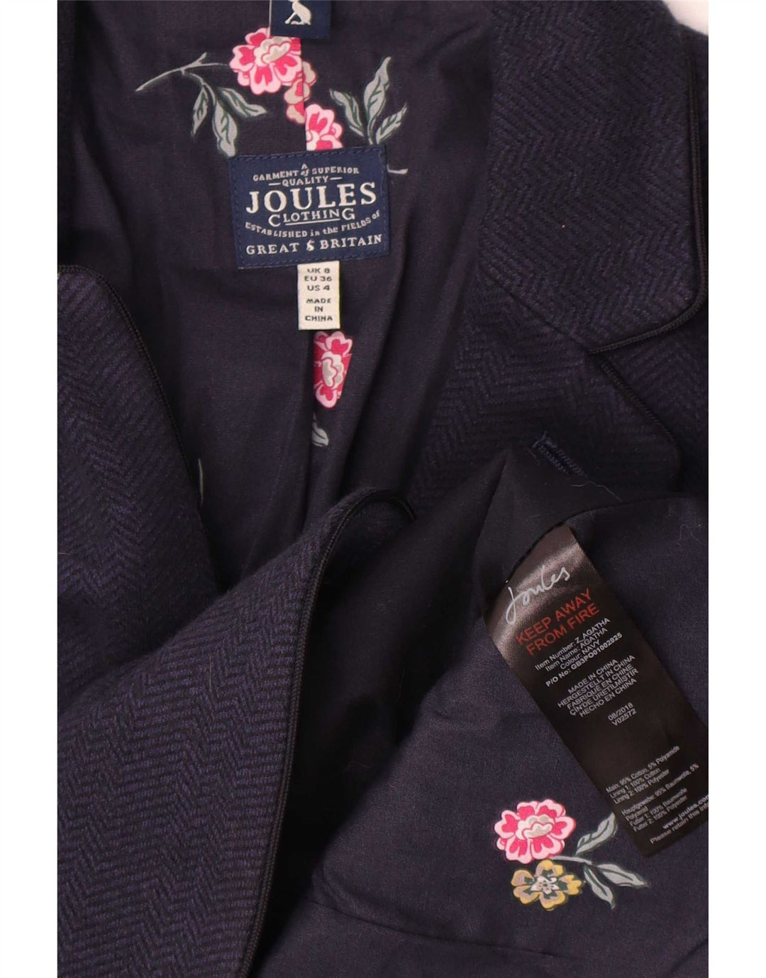 Jaqueta blazer feminina Joules com 2 botões Reino Unido 8 pequena espinha de peixe azul marinho