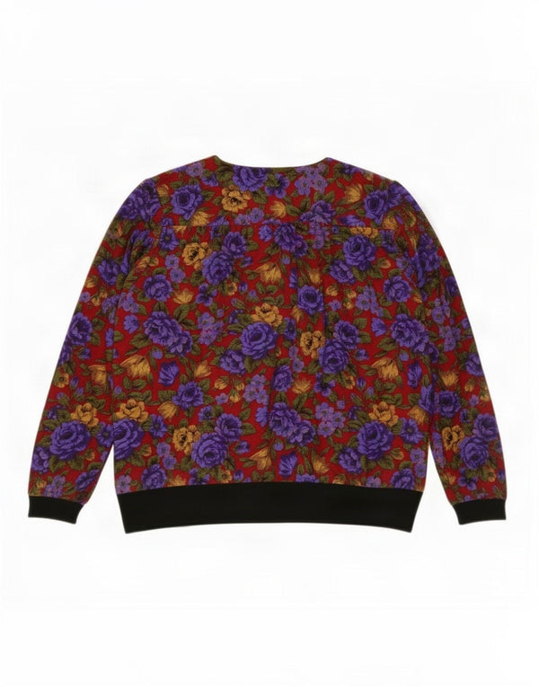 Blusa feminina vintage manga 3/4 Reino Unido 14 grande floral vermelho