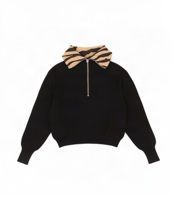 Suéter feminino Zara com zíper e gola alta, Reino Unido 16, grande, preto, estampa animal