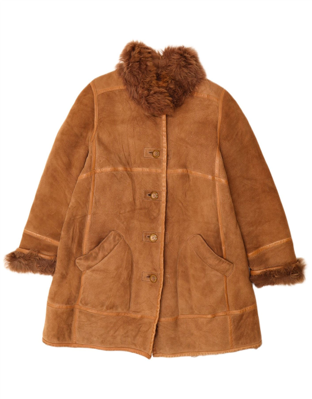 Casaco feminino VINTAGE de shearling Reino Unido 16 grande estampa animal marrom