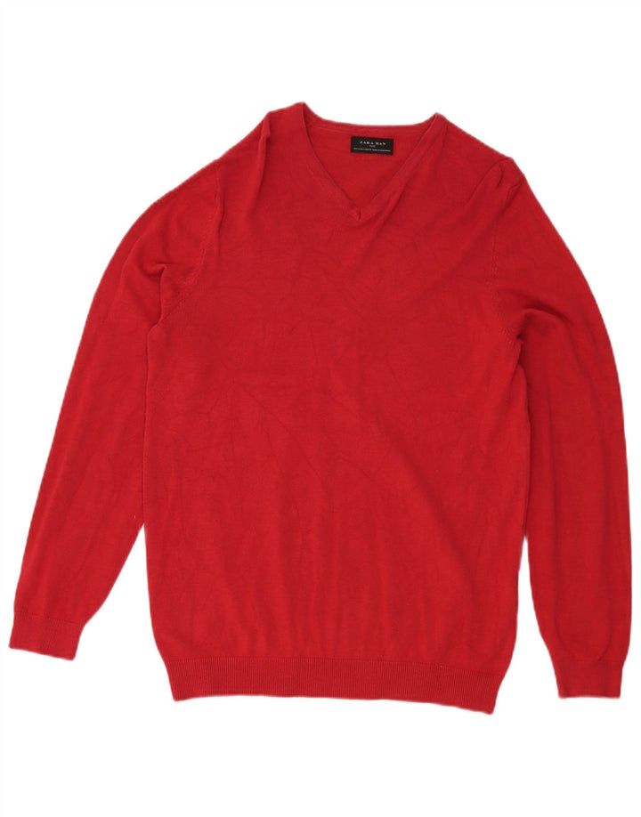 Suéter masculino Zara com decote em V pequeno viscose vermelha