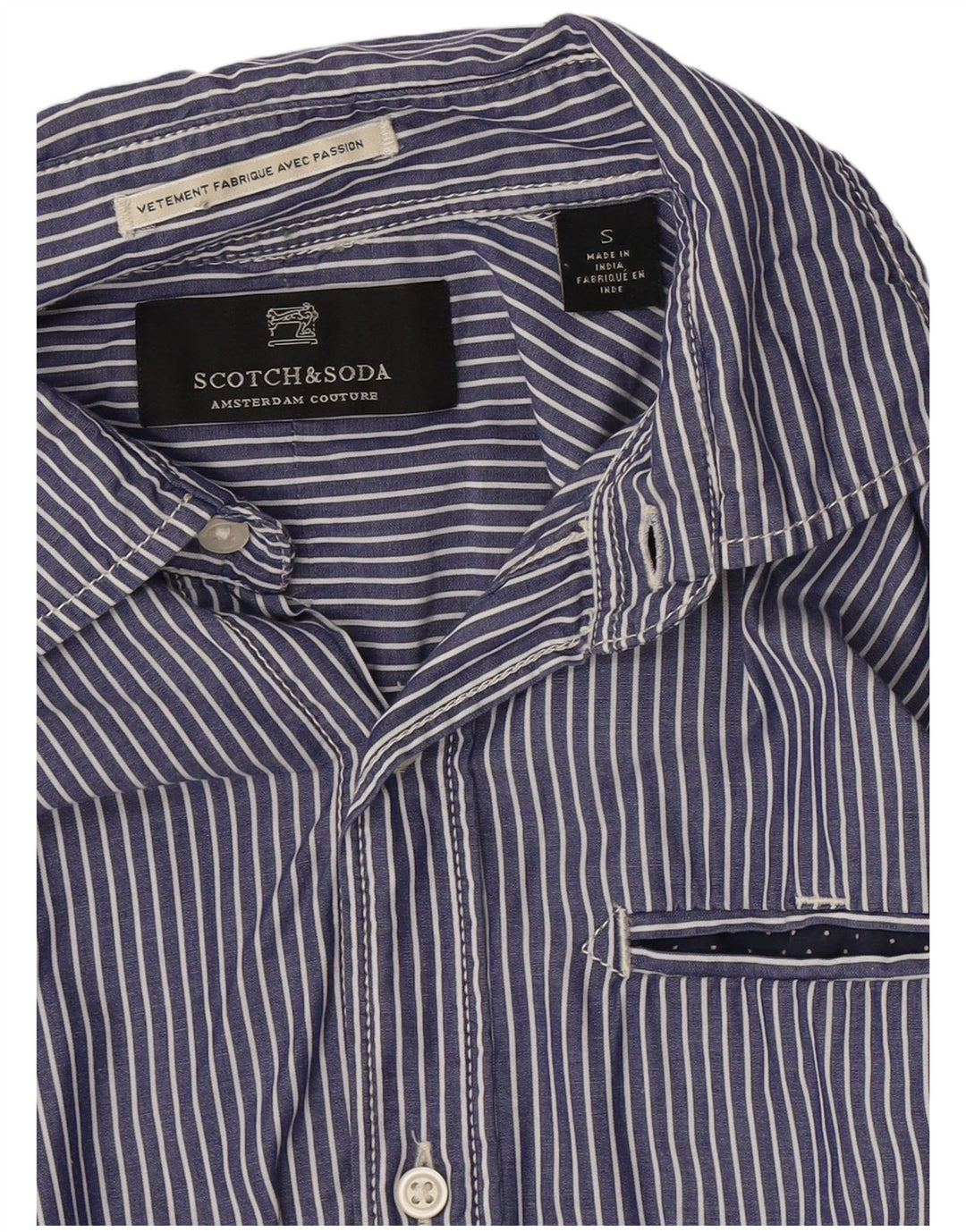 Camisa masculina Scotch & Soda pequena listrada azul de algodão